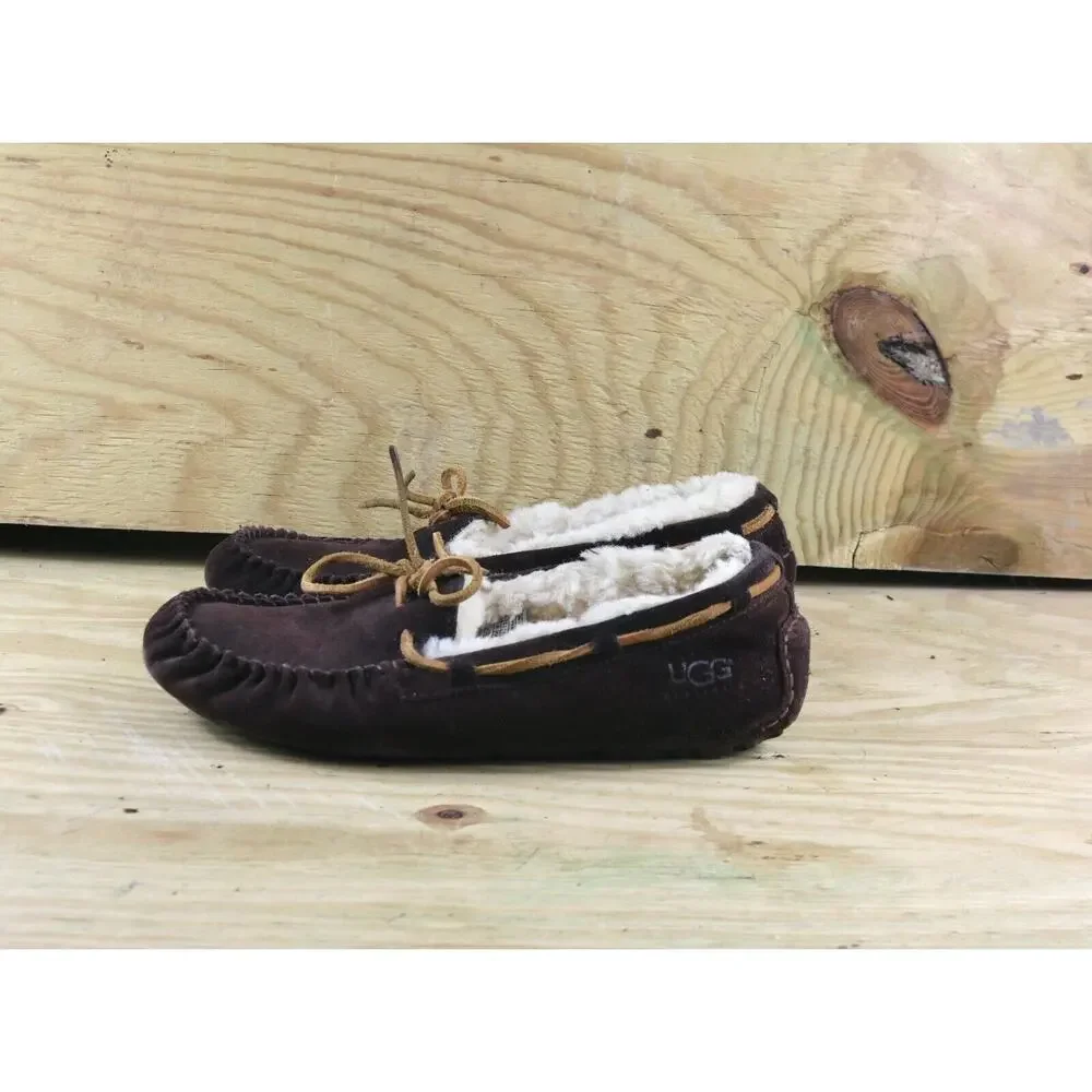Ugg Womens Moccasin Sz 9 Dark Brown Dakota Slippers Faux Fur Lined Shoes